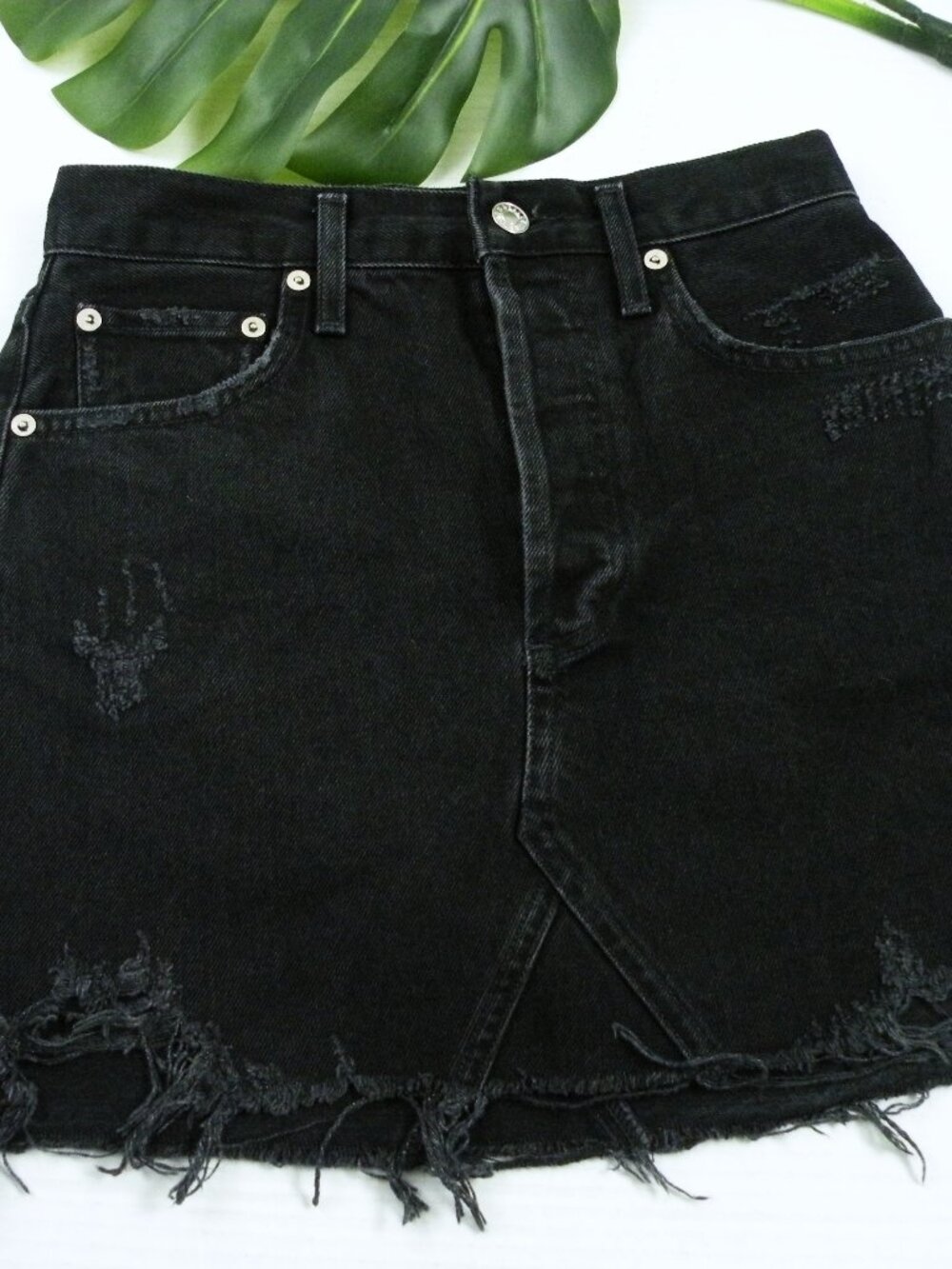 AGOLDE Raw Hem Black Distressed Denim Mini Skirt Women's 24